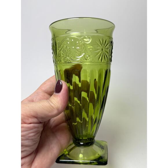 Vintage Indiana Glass Daisy Green Avocado 12oz Footed Tumbler Drinkware 1960s - Picture 3 of 4